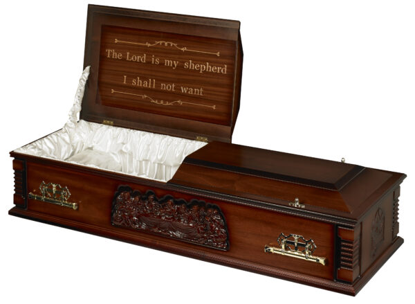 Britannia casket last supper with insert open dark mahogany